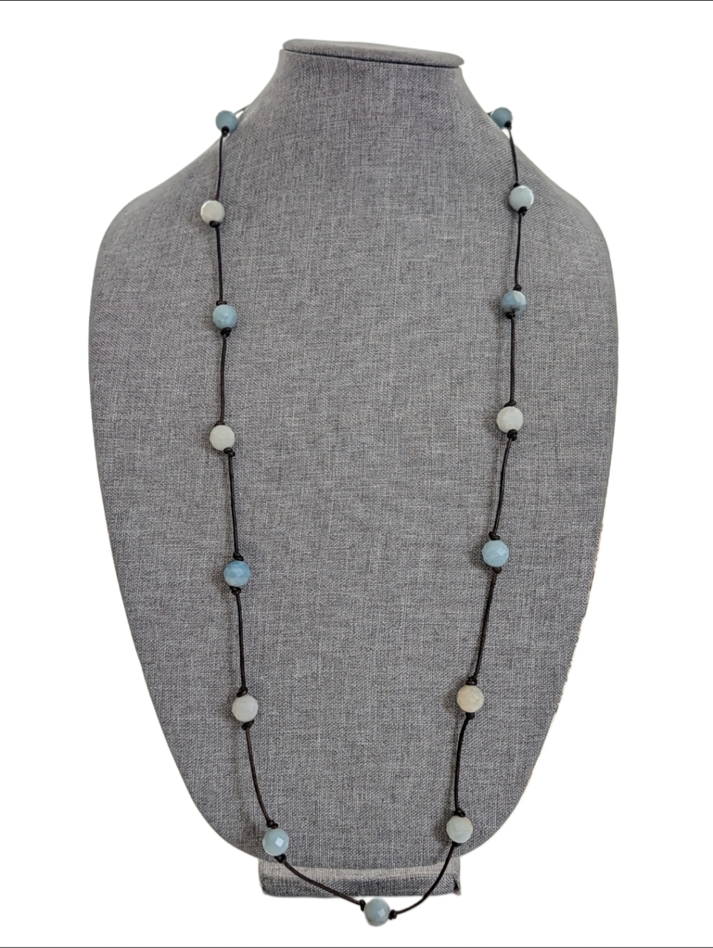 Vintage Bohemian Style Long Faceted Aquamarine Stone Knotted Cord Necklace